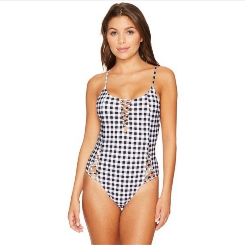 6 Shore Road Waterfall One Piece  Black Gingham XS